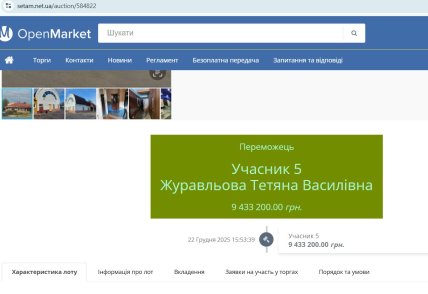 Имущество досталось Татьяне Журавлевой  за 9,4 млн грн