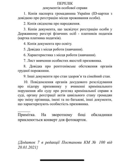 Перелік необхідних документів