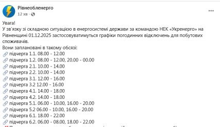 График отключения света в Ровенской области 1 декабря 2025