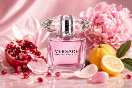Флакон Versace Bright Crystal среди граната, лимона и розовых цветов