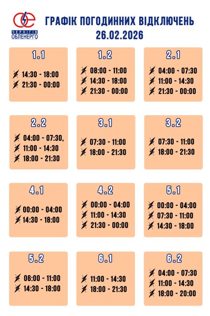 Графіки відключень у Чернігівській області 26 лютого