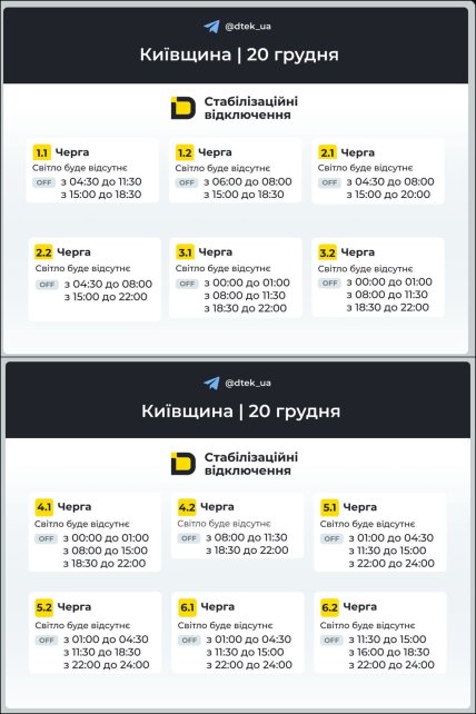График отключения света в Киевской области 20.12.2025