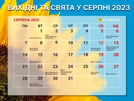 Календар вихідних та свят на серпень 2023