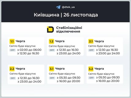 Графики отключений в Киевской области 26 ноября