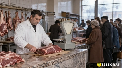 Продавец в белом халате режет мясо у весов, за прилавком стоит очередь покупателей
