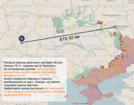 Відстань, що подолали російські ракети, які вдарили по Тернополю 19 листопада