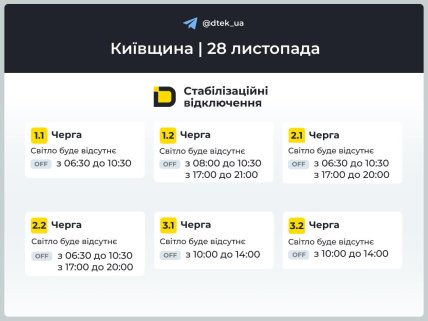 Графіки відключень у Київській області 28 листопада