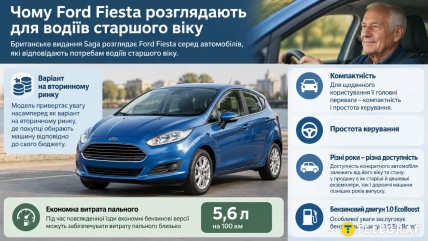 Синий Ford Fiesta на улице и пожилой мужчина за рулем другого автомобиля