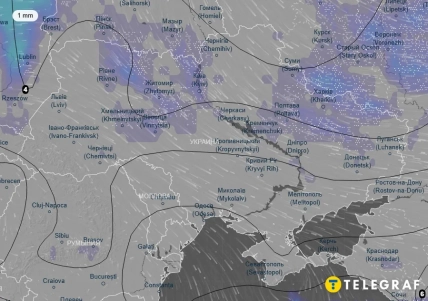 Метеорологическая карта Украины с отметками осадков и направления ветра