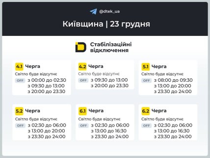 Графики отключений в Киевской области 23 декабря