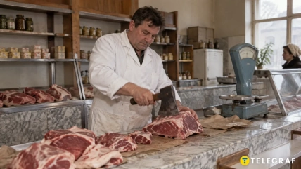 Мужчина в белом халате рубит мясо на прилавке рядом с механическими весами