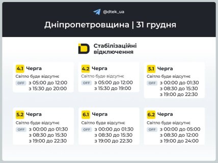 Графики отключений в Днепропетровской области 31 декабря