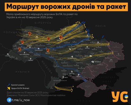 Маршрут ворожих цілей під час атаки 10 вересня 2025