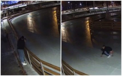 На Драмтеатре в Мариуполе два парня справили нужду посреди катка, видео