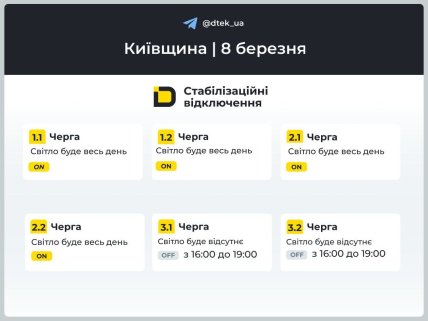 График отключения света в Киевской области 08.03.2026