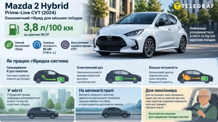 Инфографика о Mazda 2 Hybrid Prime-Line CVT с изображением белого автомобиля и водителя-пенсионера