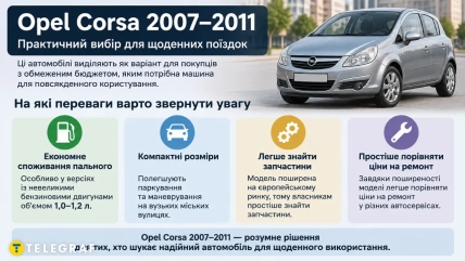 Серая пятидверная Opel Corsa на городской улице рядом с инфографикой о преимуществах модели