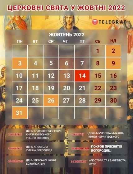 Церковний православний календар на жовтень 2022 року.