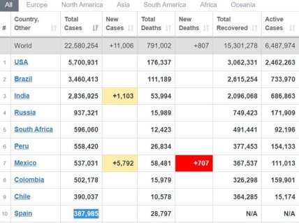 Статистика коронавируса 20 августа