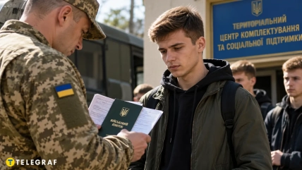 Военный в форме проверяет документы юноши возле территориального центра комплектования и социальной поддержки