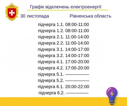 Графики отключений в Ровенской области 30 ноября