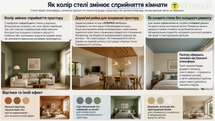 Инфографика с интерьерами комнат с цветными потолками и деревянными рейками