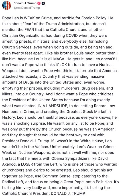 Пост Дональда Трампа с критикой Папы Римского Льва XIV