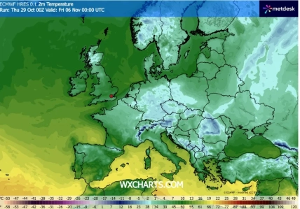 Карта ECMWF температури повітря на висоті двох метрів у Європі на 00:00 UTC 6 листопада