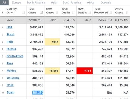 Статистика коронавируса на 19.08.2020