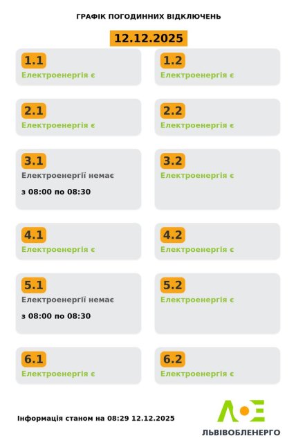 Графики отключений во Львовской области 12 декабря