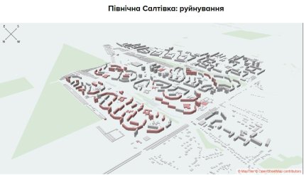 Червоним помічені пошкоджені будинки на Північній Салтівці