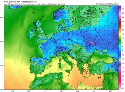 Прогностична карта нічної температури повітря в Європі на 26 грудня 2025 року