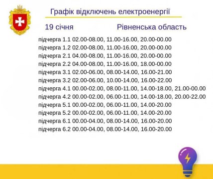График отключения света в Ровенской области 19.01.2026