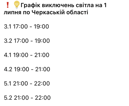 Графіки відключень у Черкаській області 1 липня