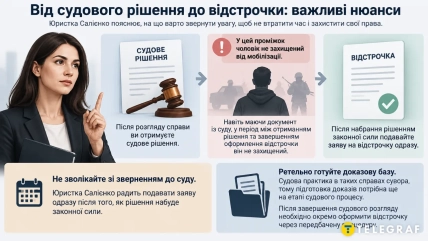 Инфографика с юристом, решением суда, отсрочкой и рекомендациями по оформлению