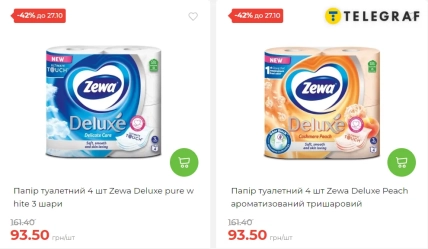 Упаковки Zewa Deluxe Pure White и Peach по 4 рулона с ценой 93,50 грн и отметкой о скидке 42% до 27.10