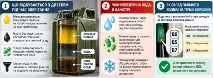Инфографика о хранении дизельного топлива с канистрой, водой, осадком и маркировкой B0, B5 и B7
