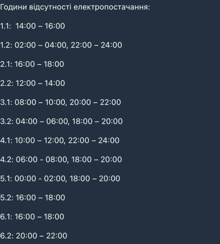 Графики отключений в Черкасской области 1 марта