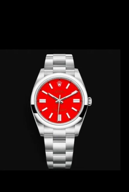 Серебристые наручные часы Rolex с ярко-красным циферблатом на черном фоне