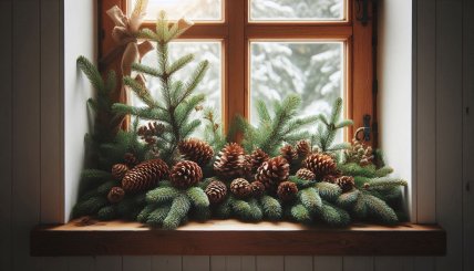 Сосновые ветки и шишки для украшения окон - фото