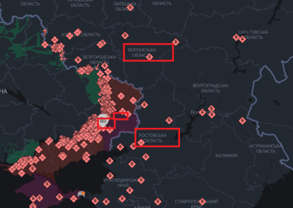 Донецьк, Луганськ, Ростовська область та Воронезька область на карті