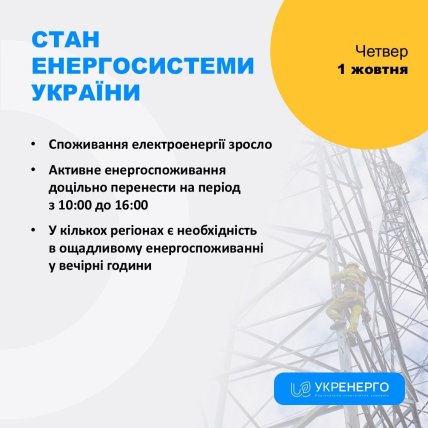 В "Укренерго" розповіли про стан енергосистеми 1 жовтня