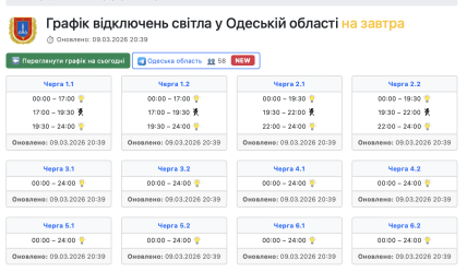 Графіки відключень в Одеській області 10 березня