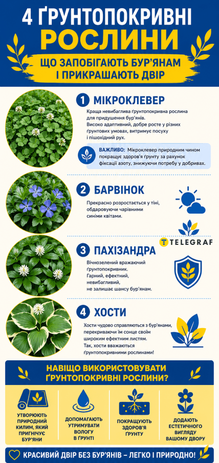 Мікроклевер, барвінок, пахісандра, хоста виведуть бур'яни у вас на городі