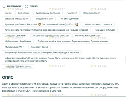 Скриншот объявления об аренде с олх