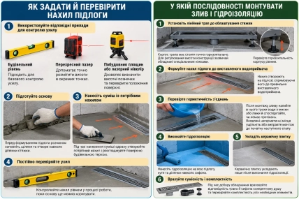 Инфографика показывает строительный уровень, лазерные приборы, линейный трап и этапы обустройства пола в душевой