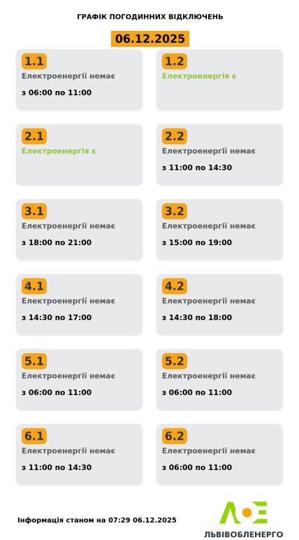 График отключения света во Львовской области 6 декабря