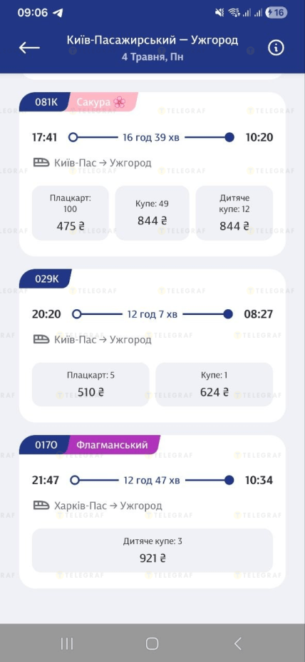 Ціни на квитки на поїзд Сакура