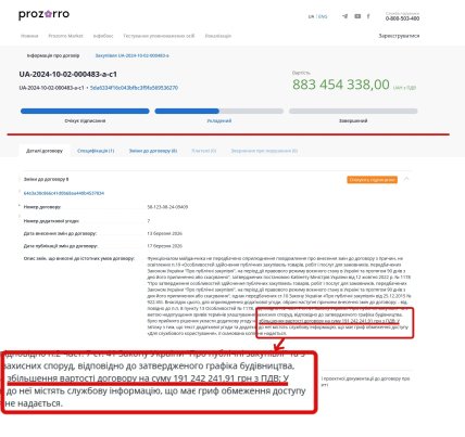 Сума контракту зросла до 883 млн грн. Скриншот Prozorro