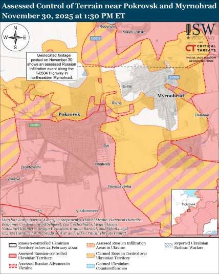 Карта боевых действий в Покровске 30 ноября 2025/ISW